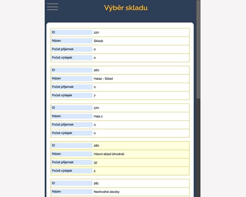 Výběr skladu - mobil